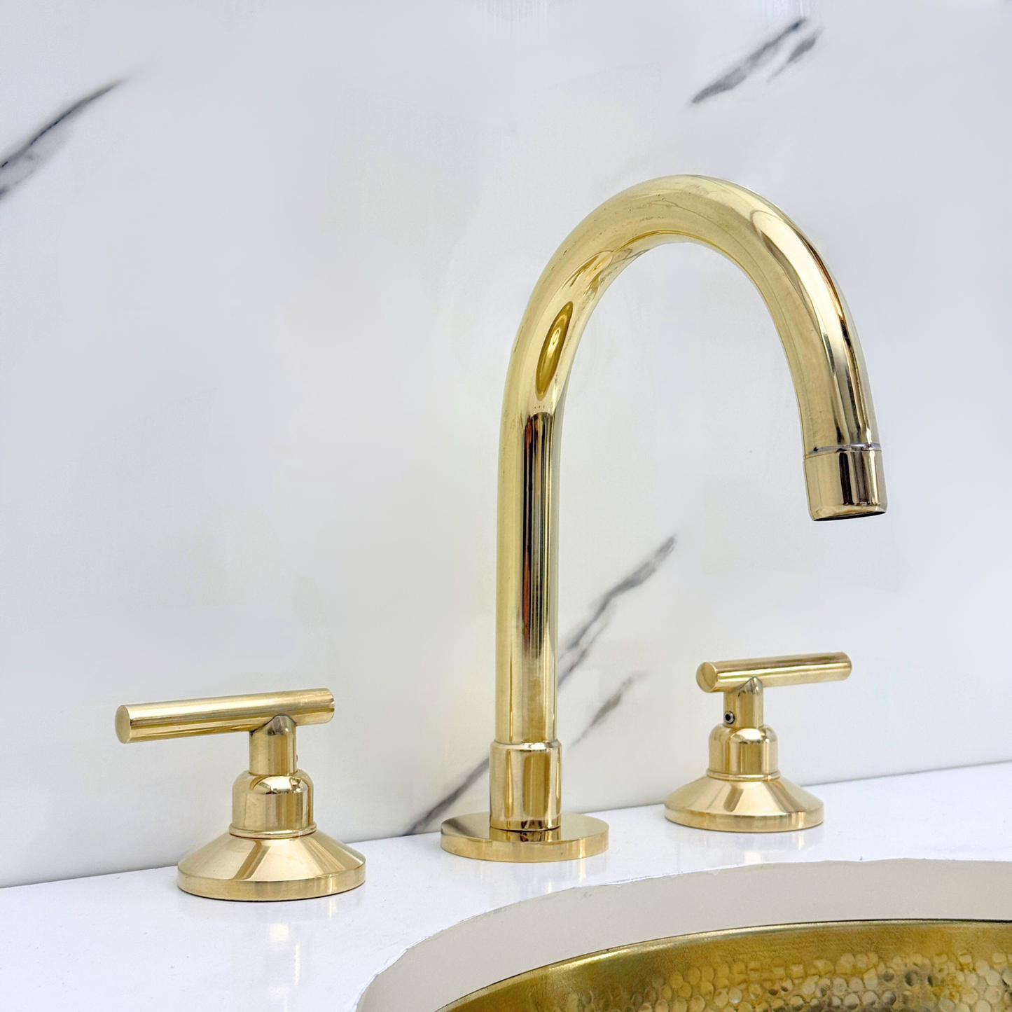 Unlacquered Brass Widespread Bathroom Gooseneck Sink Faucet With Lever Handles