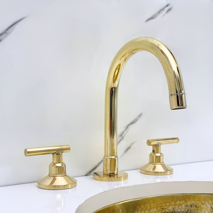 Unlacquered Brass Widespread Bathroom Gooseneck Sink Faucet With Lever Handles