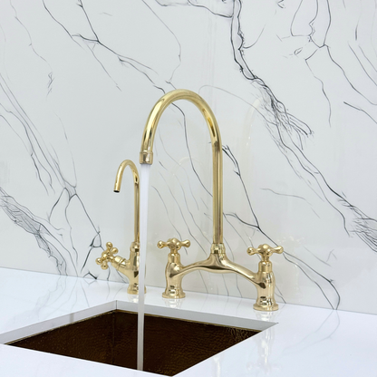 Unlacquered Brass Bridge Antique Faucet with Sprayer, Drinking Water Tap and Cross Handles