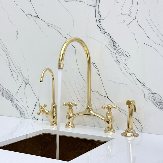 Unlacquered Brass Bridge Antique Faucet with Sprayer, Drinking Water Tap and Cross Handles