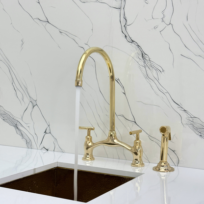 Unlacquered Brass Bridge Antique Faucet with Sprayer, Drinking Water Tap and Lever Handles