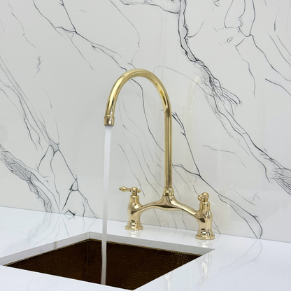 Unlacquered Brass Bridge Antique Faucet with Sprayer, Drinking Water Tap and Lever Handles
