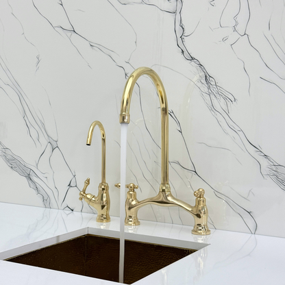 Unlacquered Brass Bridge Antique Faucet with Sprayer, Drinking Water Tap and Lever Handles