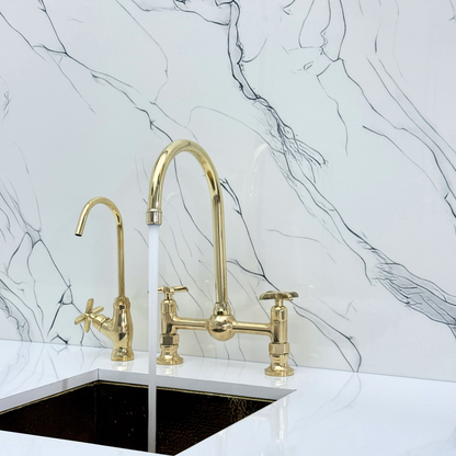 Unlacquered Brass Bridge Kitchen Faucet With Ball Center, Sprayer, Cold Water Faucet and Cross Handles