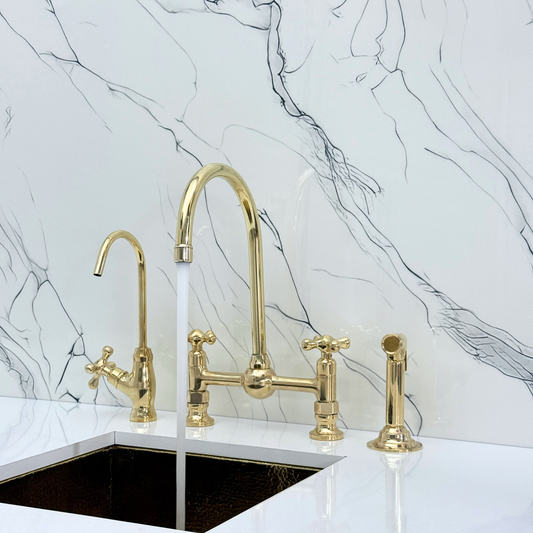 Unlacquered Brass Bridge Kitchen Faucet With Ball Center, Sprayer, Cold Water Faucet and Cross Handles