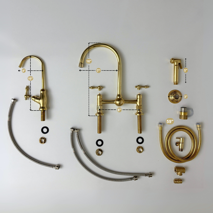 Unlacquered Brass Bridge Kitchen Faucet With Ball Center, Sprayer, Cold Water Faucet and Lever Handles