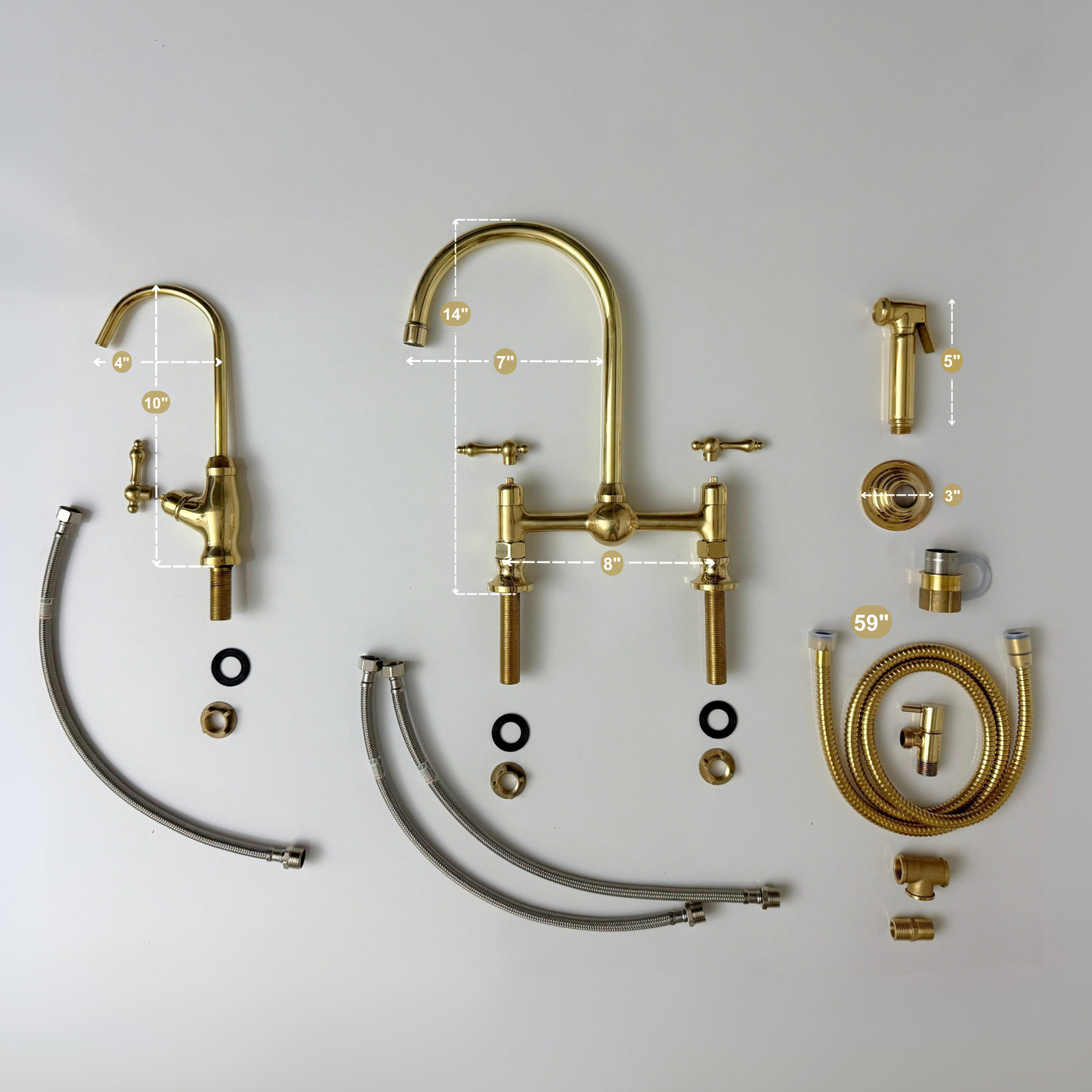 Unlacquered Brass Bridge Kitchen Faucet With Ball Center, Sprayer, Cold Water Faucet and Lever Handles