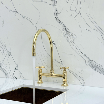 Unlacquered Brass Bridge Kitchen Faucet with Cold Water Faucet, Sprayer, and Cross Handles