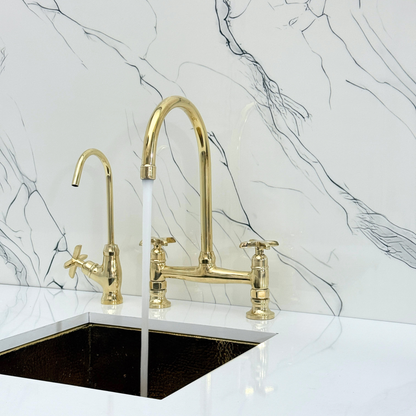 Unlacquered Brass Bridge Kitchen Faucet with Sprayer, Cold Water Faucet and Cross Handles