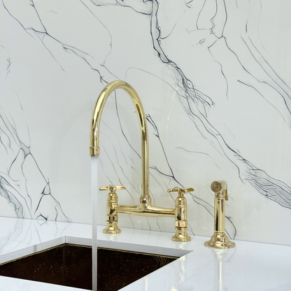 Unlacquered Brass Bridge Kitchen Faucet with Cold Water Faucet, Sprayer, and Cross Handles
