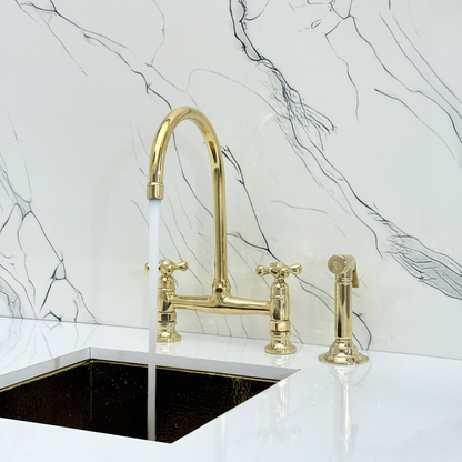 Unlacquered Brass Bridge Kitchen Faucet with Sprayer, Cold Water Faucet and Cross Handles