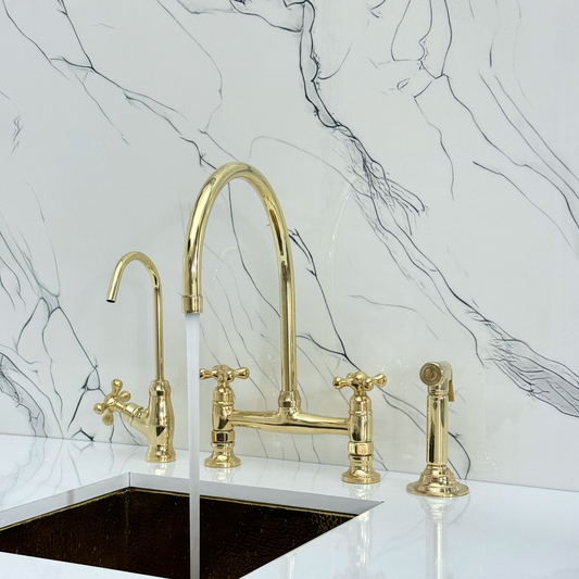 Unlacquered Brass Bridge Kitchen Faucet with Cold Water Faucet, Sprayer, and Cross Handles