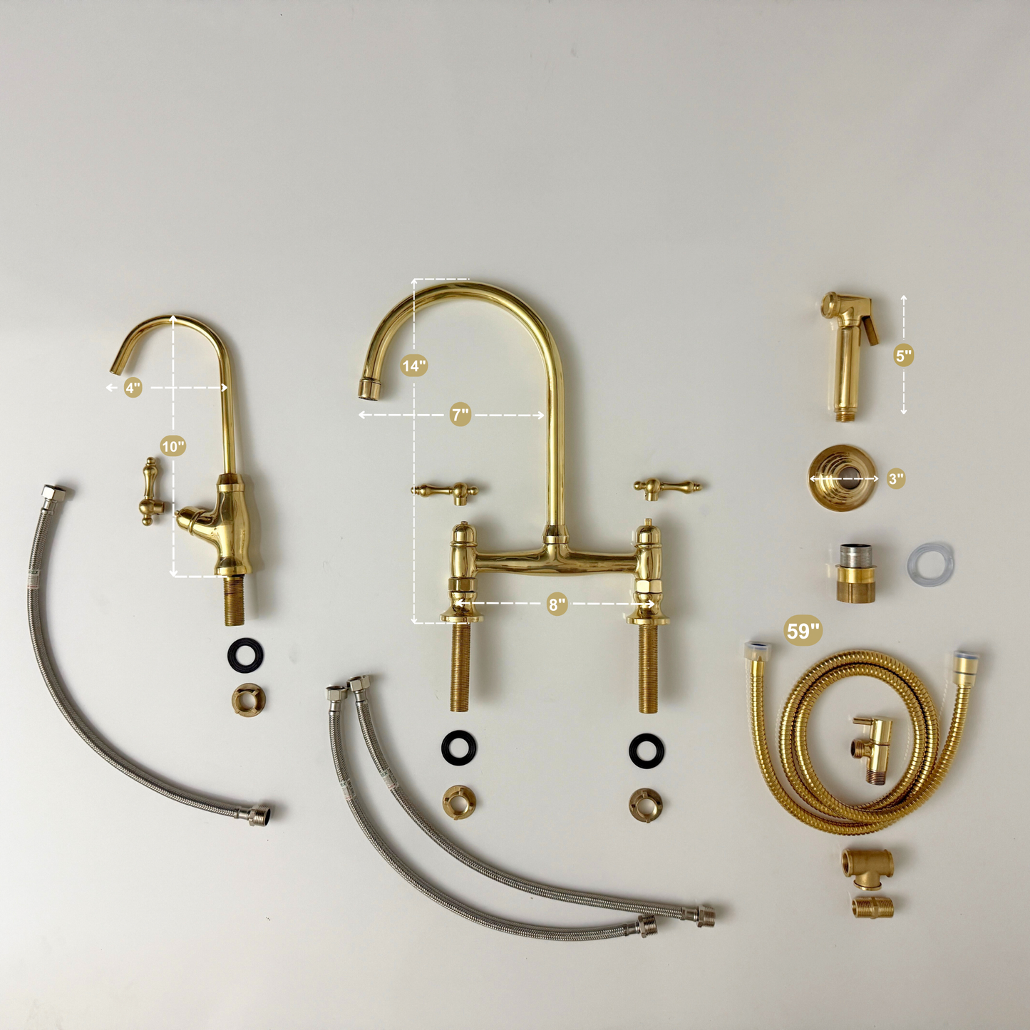 Unlacquered Brass Bridge Kitchen Faucet with Sprayer, Cold Water Faucet and Lever Handles