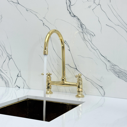 Unlacquered Brass Bridge Kitchen Faucet with Sprayer, Cold Water Faucet and Lever Handles