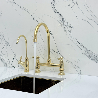 Unlacquered Brass Bridge Kitchen Faucet with Sprayer, Cold Water Faucet and Lever Handles