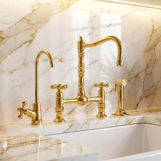 Unlacquered Brass Victorian Bridge Faucet with Ball Center, Sprayer, Cold Water Faucet, and Cross Handles