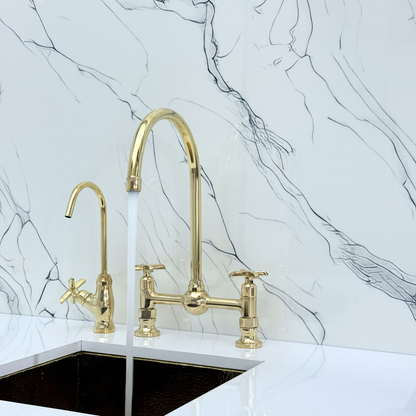 Unlacquered Brass Bridge Vintage Kitchen Faucet with Ball Center, Sprayer, Cold Water Faucet and Cross Handles