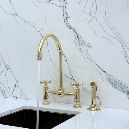 Unlacquered Brass Bridge Vintage Kitchen Faucet with Ball Center, Sprayer, Cold Water Faucet and Cross Handles