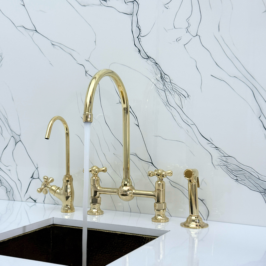 Unlacquered Brass Bridge Vintage Kitchen Faucet with Ball Center, Sprayer, Cold Water Faucet and Cross Handles