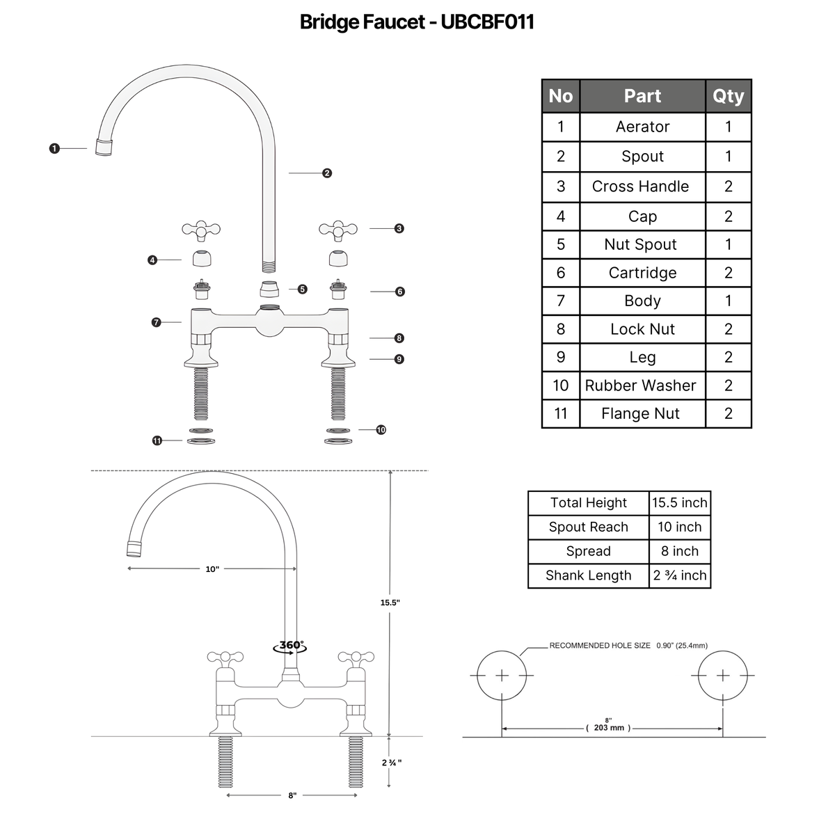 Unlacquered Brass Bridge Faucet with Cross Handles - Somerset
