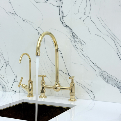 Unlacquered Brass Bridge Vintage Kitchen Faucet with Ball Center, Sprayer, Cold Water Faucet and Lever Handles