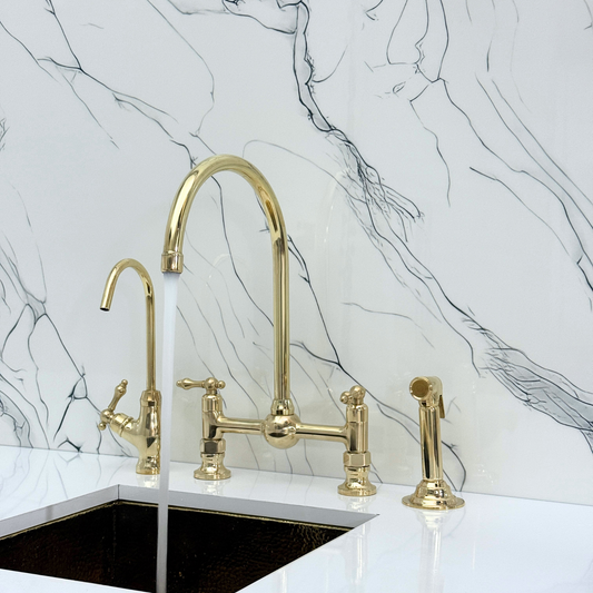 Unlacquered Brass Bridge Vintage Kitchen Faucet with Ball Center, Sprayer, Cold Water Faucet and Lever Handles