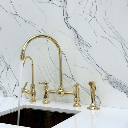 Unlacquered Brass Bridge Vintage Kitchen Faucet with Ball Center, Sprayer, Cold Water Faucet and Lever Handles
