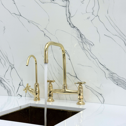 Unlacquered Brass Classic Bridge Faucet with Cold Water Faucet, Sprayer, and Cross Handles