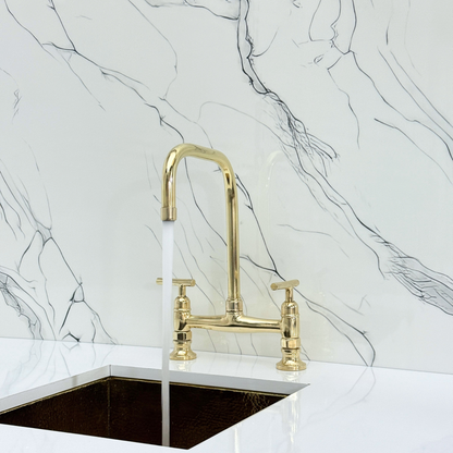 Unlacquered Brass Classic Bridge Faucet with Cold Water Faucet, Sprayer, and Lever Handles