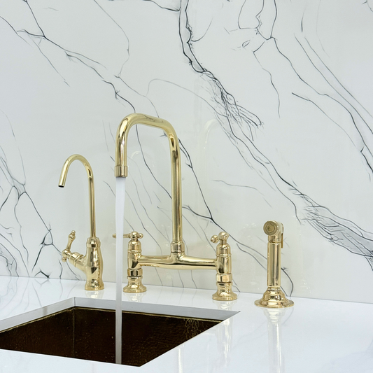 Unlacquered Brass Classic Bridge Faucet with Cold Water Faucet, Sprayer, and Lever Handles