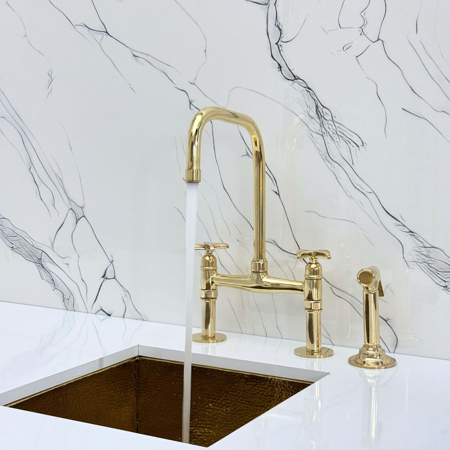Unlacquered Brass Classic Bridge Faucet with Sprayer, Cold Water Faucet and Cross Handles