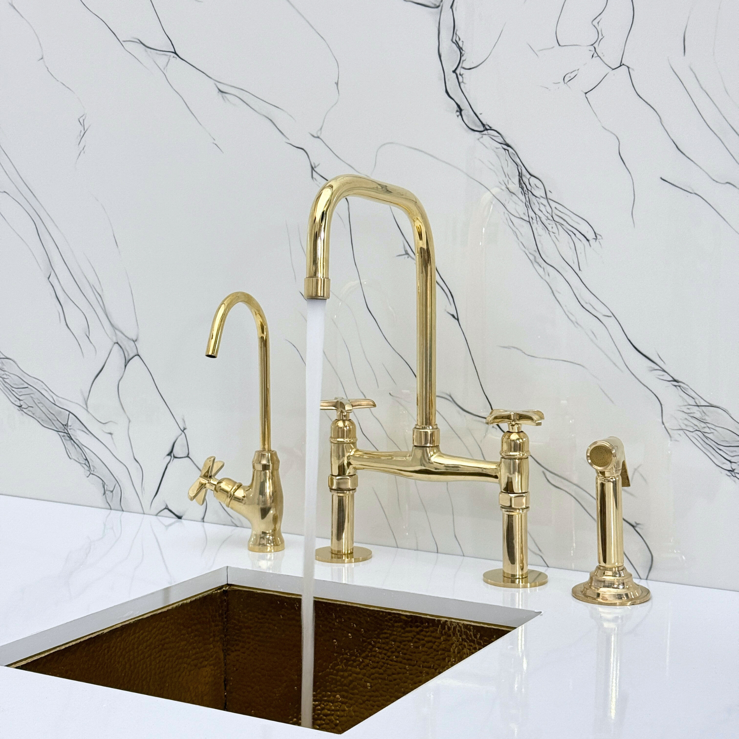 Unlacquered Brass Classic Bridge Faucet with Sprayer, Cold Water Faucet and Cross Handles