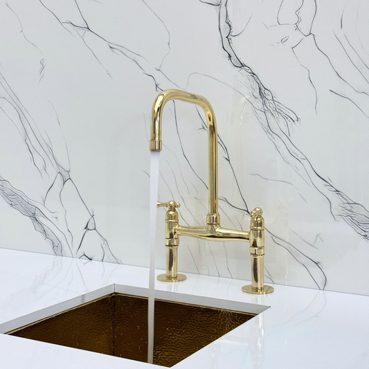 Unlacquered Brass Classic Bridge Faucet with Sprayer, Cold Water Faucet and Lever Handles