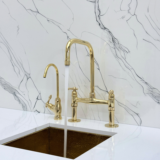 Unlacquered Brass Classic Bridge Faucet with Sprayer, Cold Water Faucet and Lever Handles