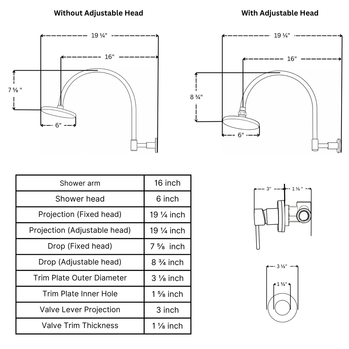 Unlacquered Brass Round Rain Shower System with Gooseneck arm 6"