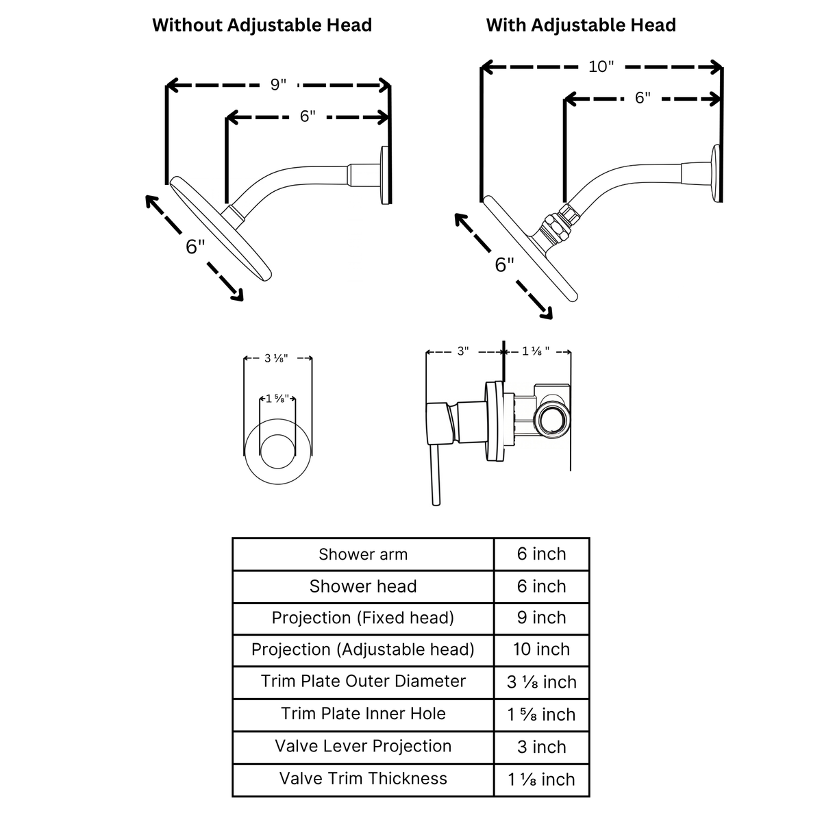 Unlacquered Brass Round Shower System — Short arm & Adjustable Head