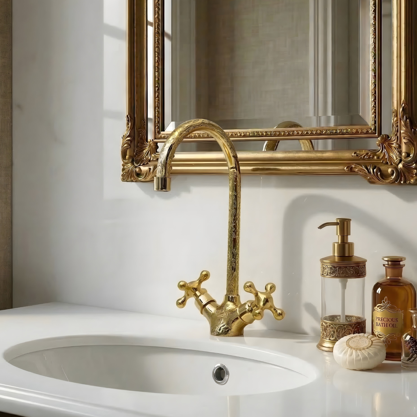 Unlacquered Brass Engraved Gooseneck Single Hole Faucet with Cross Handles