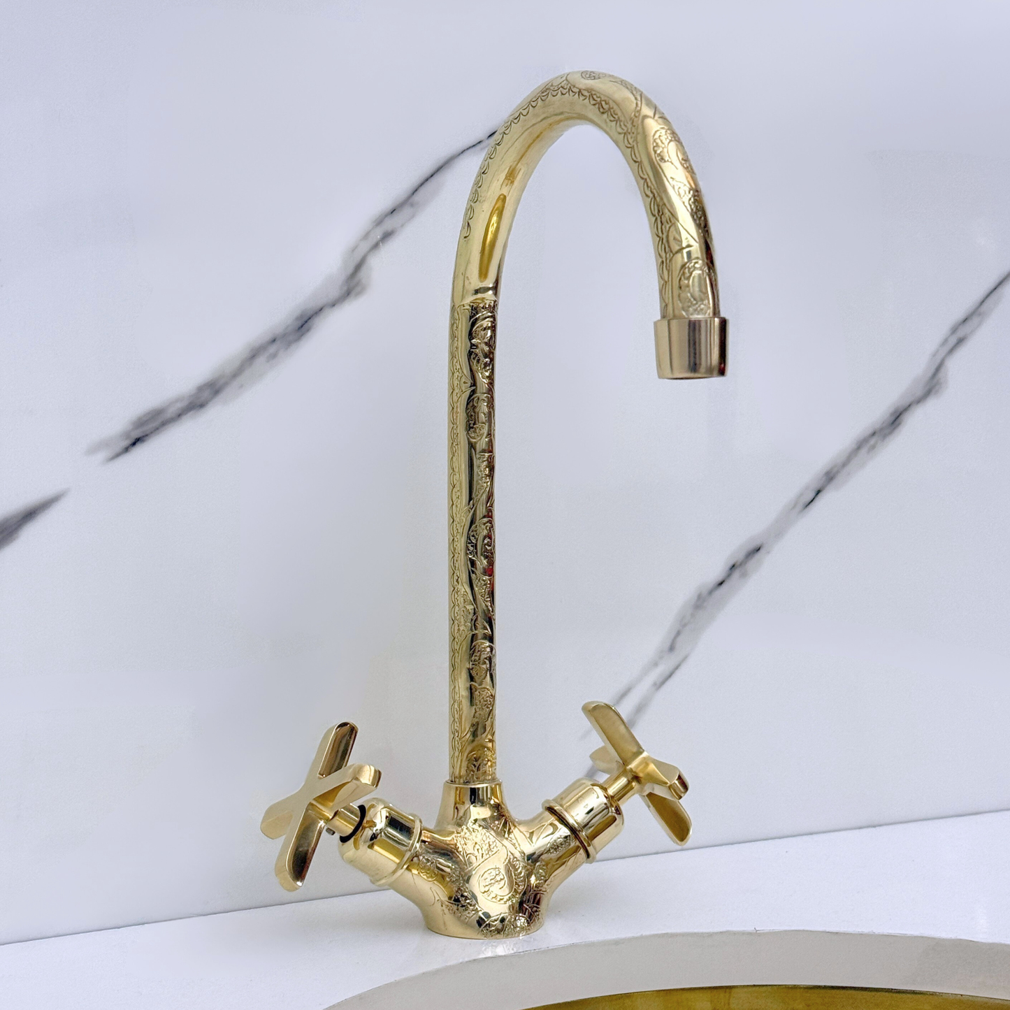 Unlacquered Brass Engraved Gooseneck Single Hole Faucet with Cross Handles