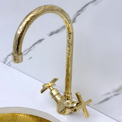 Unlacquered Brass Engraved Gooseneck Single Hole Faucet with Cross Handles