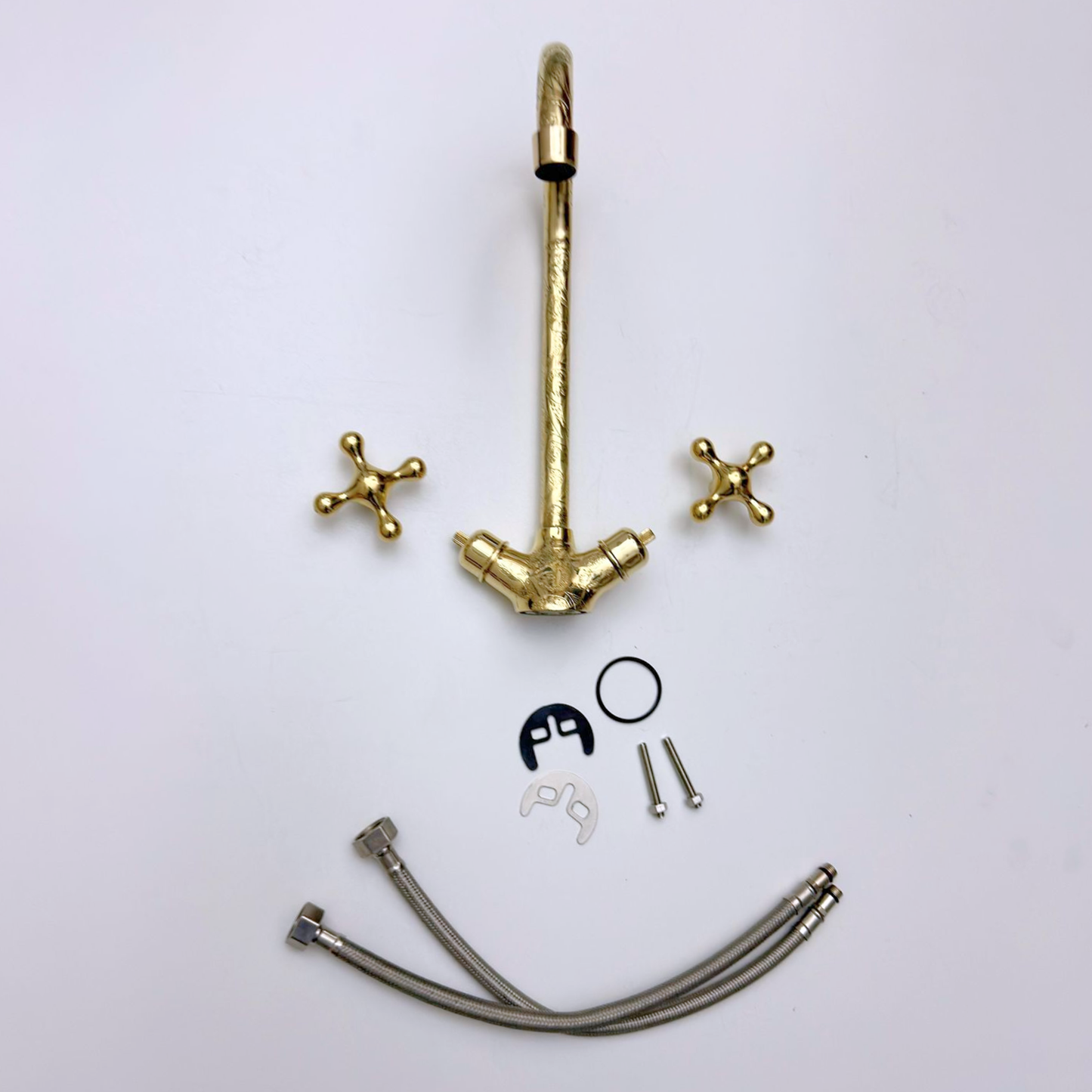 Unlacquered Brass Engraved Gooseneck Single Hole Faucet with Cross Handles