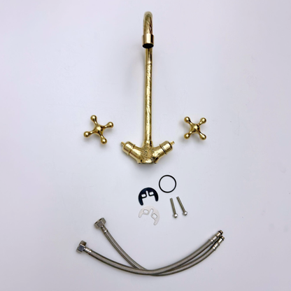 Unlacquered Brass Engraved Gooseneck Single Hole Faucet with Cross Handles
