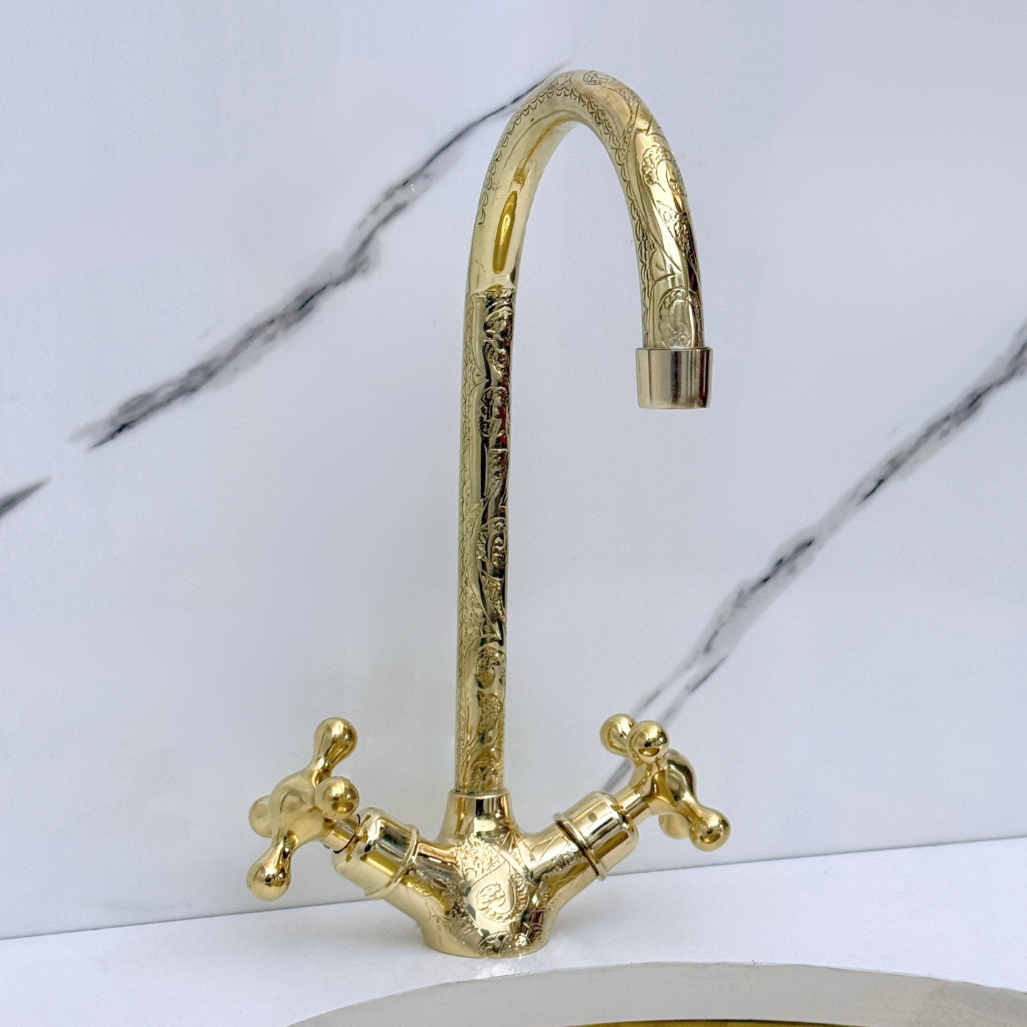 Unlacquered Brass Engraved Gooseneck Single Hole Faucet with Cross Handles
