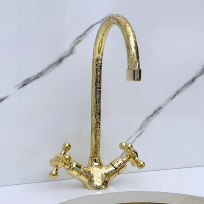 Unlacquered Brass Engraved Gooseneck Single Hole Faucet with Cross Handles