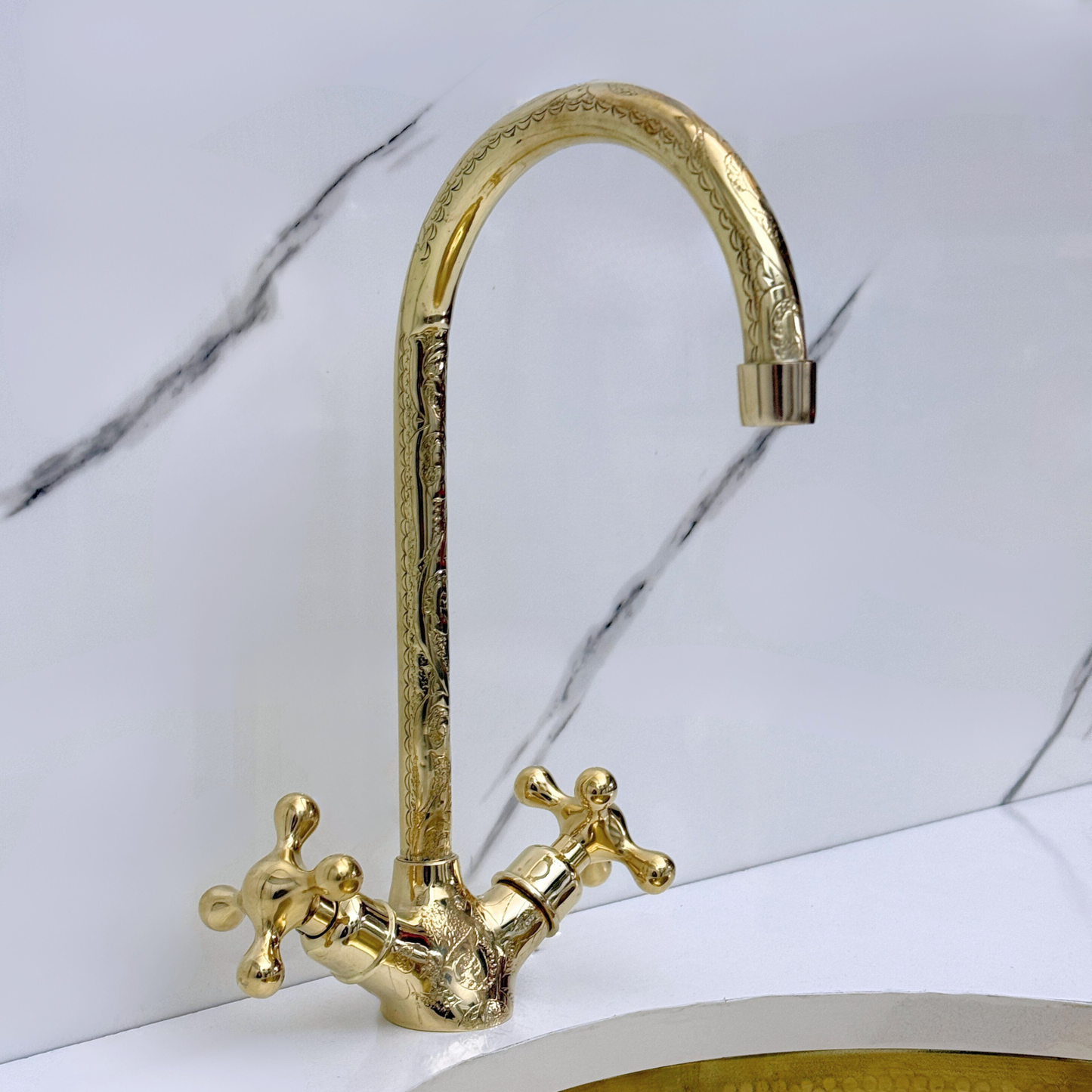 Unlacquered Brass Engraved Gooseneck Single Hole Faucet with Cross Handles