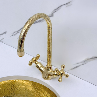 Unlacquered Brass Engraved Gooseneck Single Hole Faucet with Cross Handles
