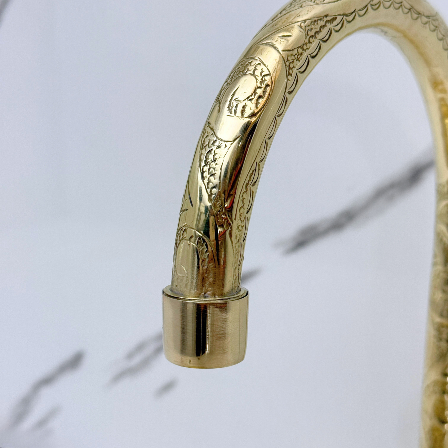 Unlacquered Brass Engraved Gooseneck Single Hole Faucet with Cross Handles