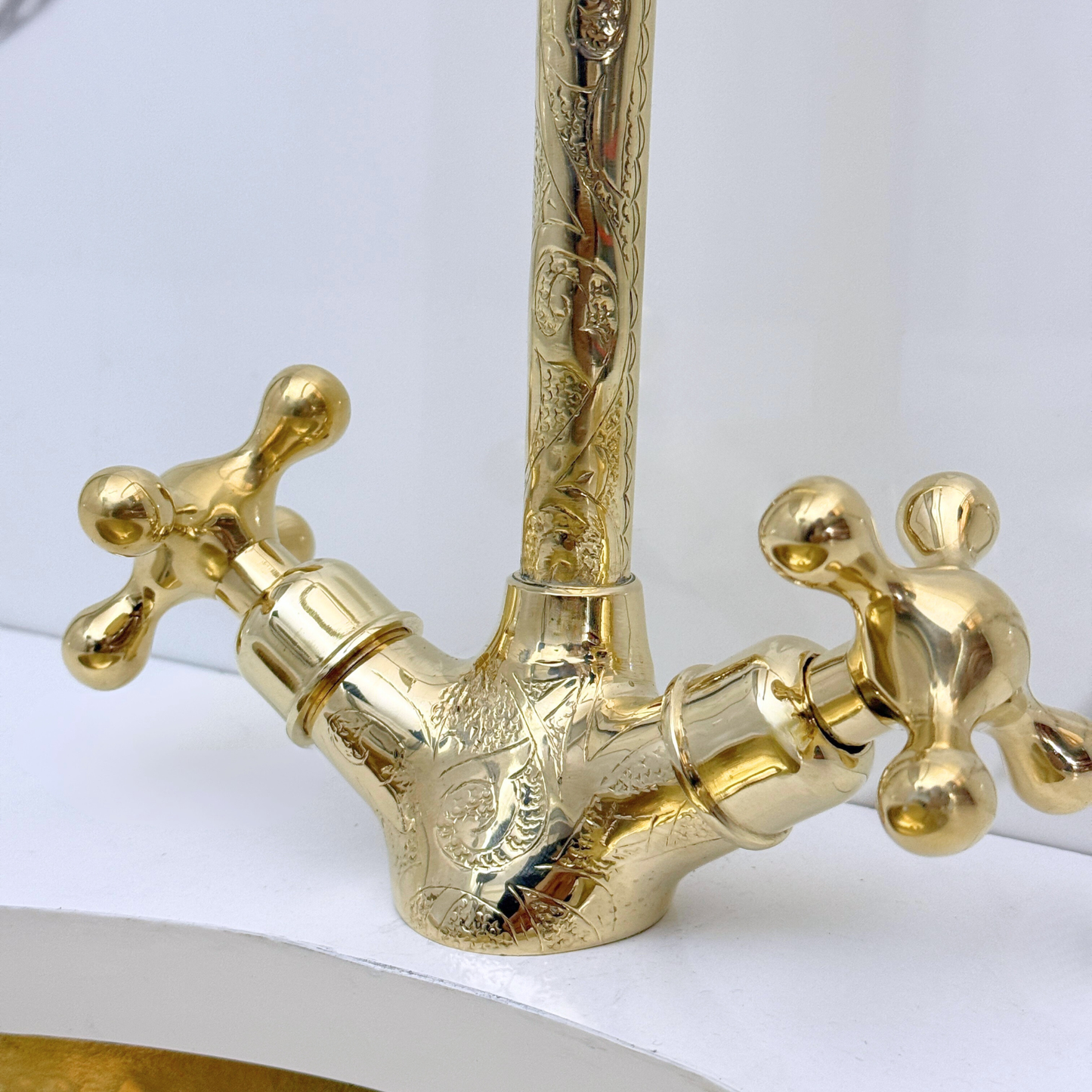 Unlacquered Brass Engraved Gooseneck Single Hole Faucet with Cross Handles
