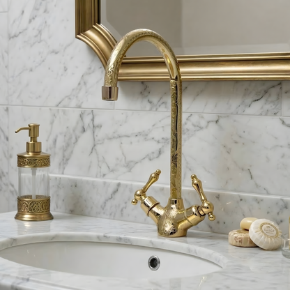 Unlacquered Brass Engraved Gooseneck Single Hole Faucet with Lever Handles