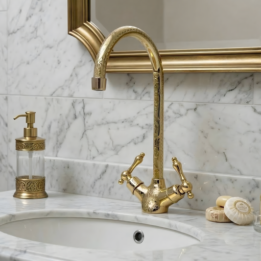 Unlacquered Brass Engraved Gooseneck Single Hole Faucet with Lever Handles