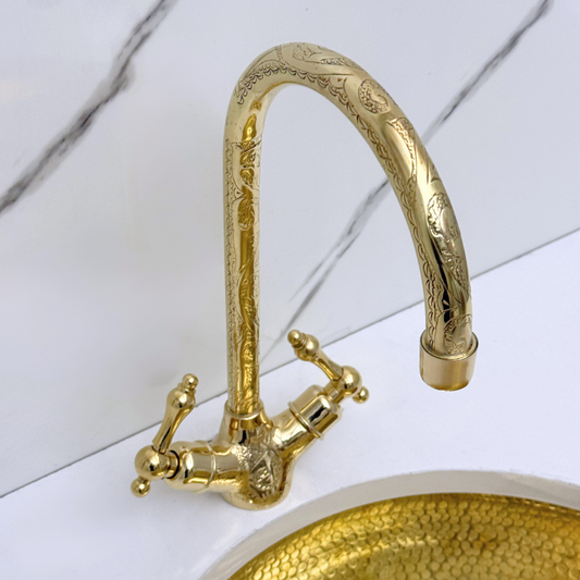 Unlacquered Brass Engraved Gooseneck Single Hole Faucet with Lever Handles